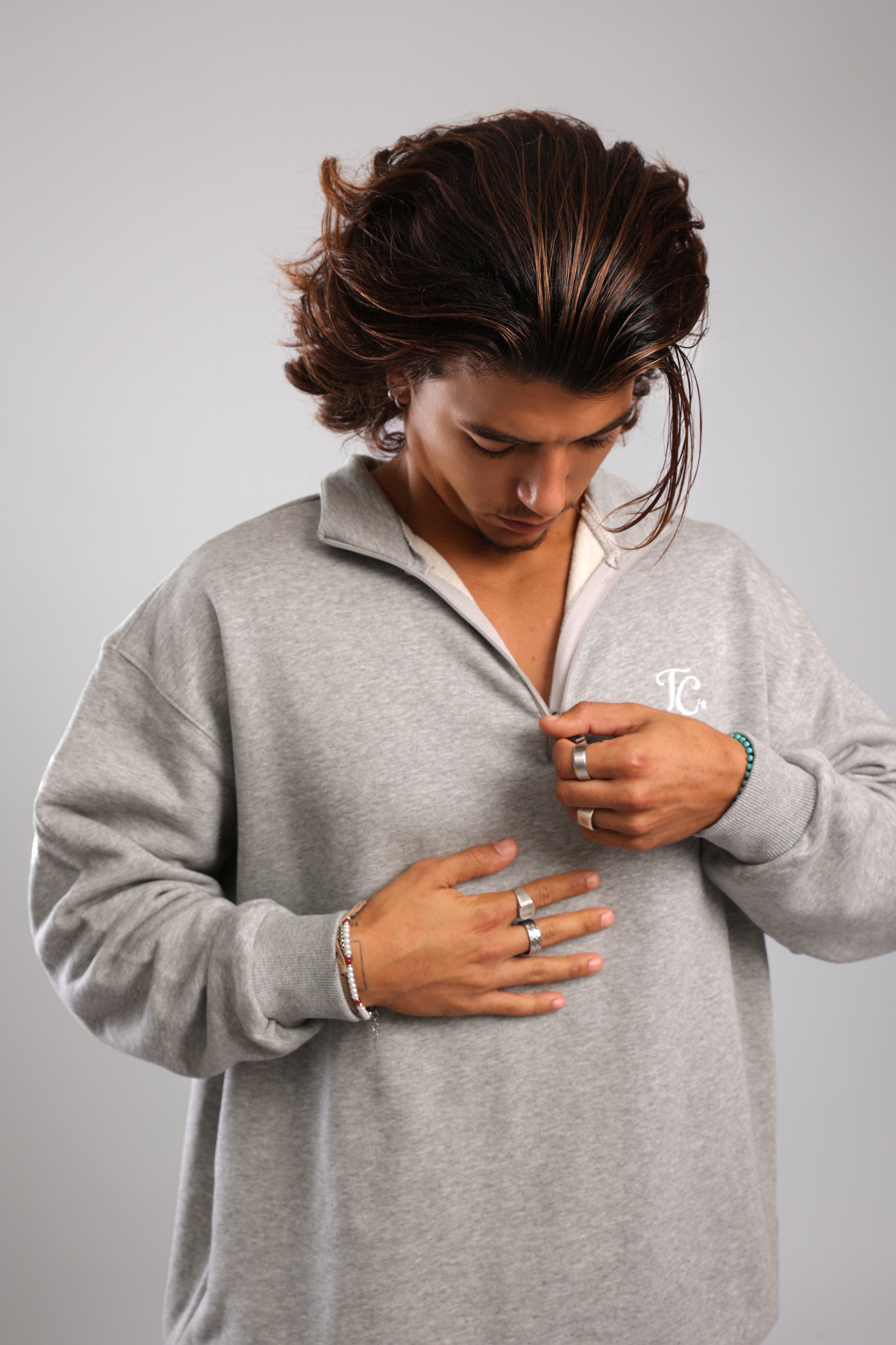 סוושירט חצי רוכסן - אפור מלאנז