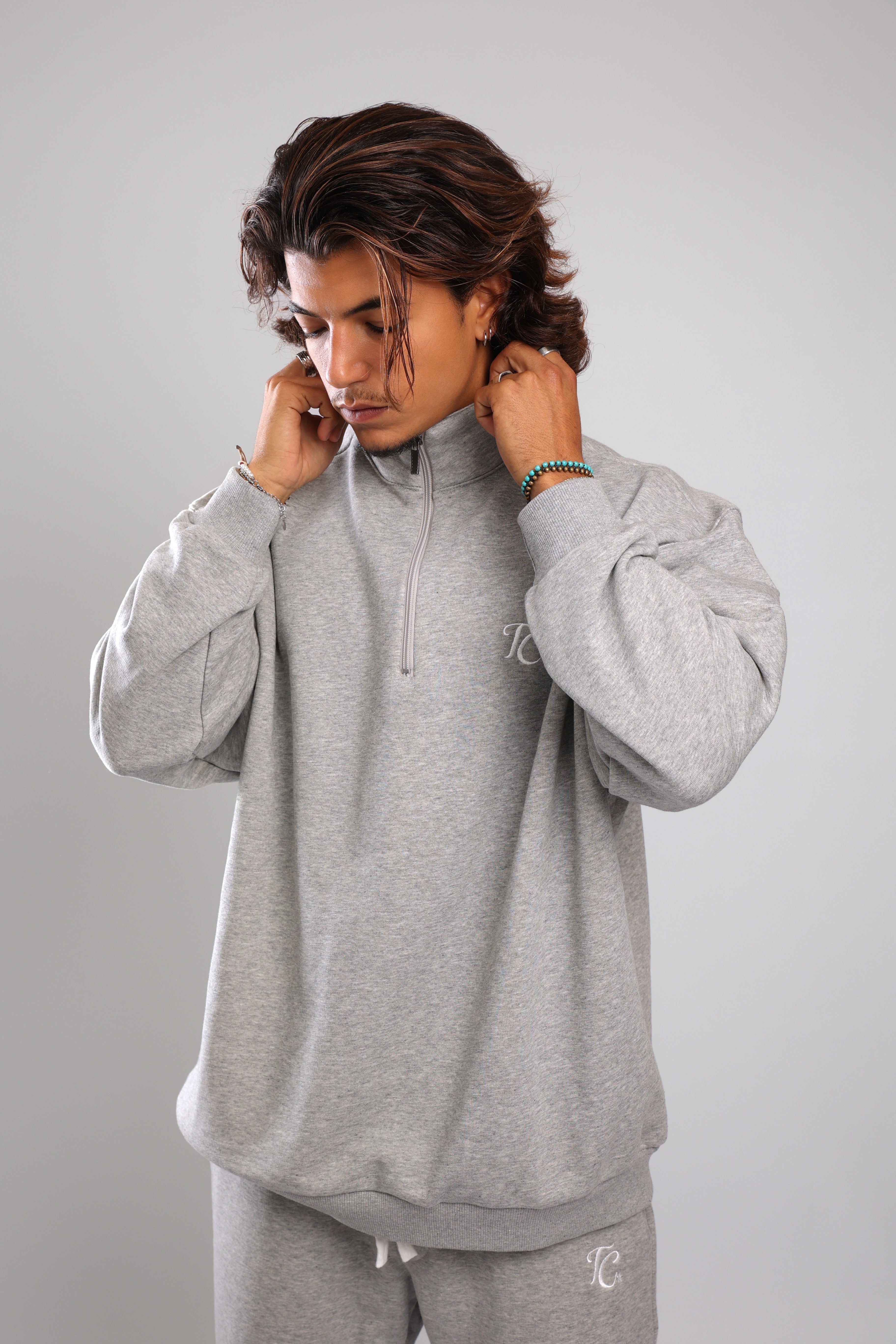 סוושירט חצי רוכסן - אפור מלאנז