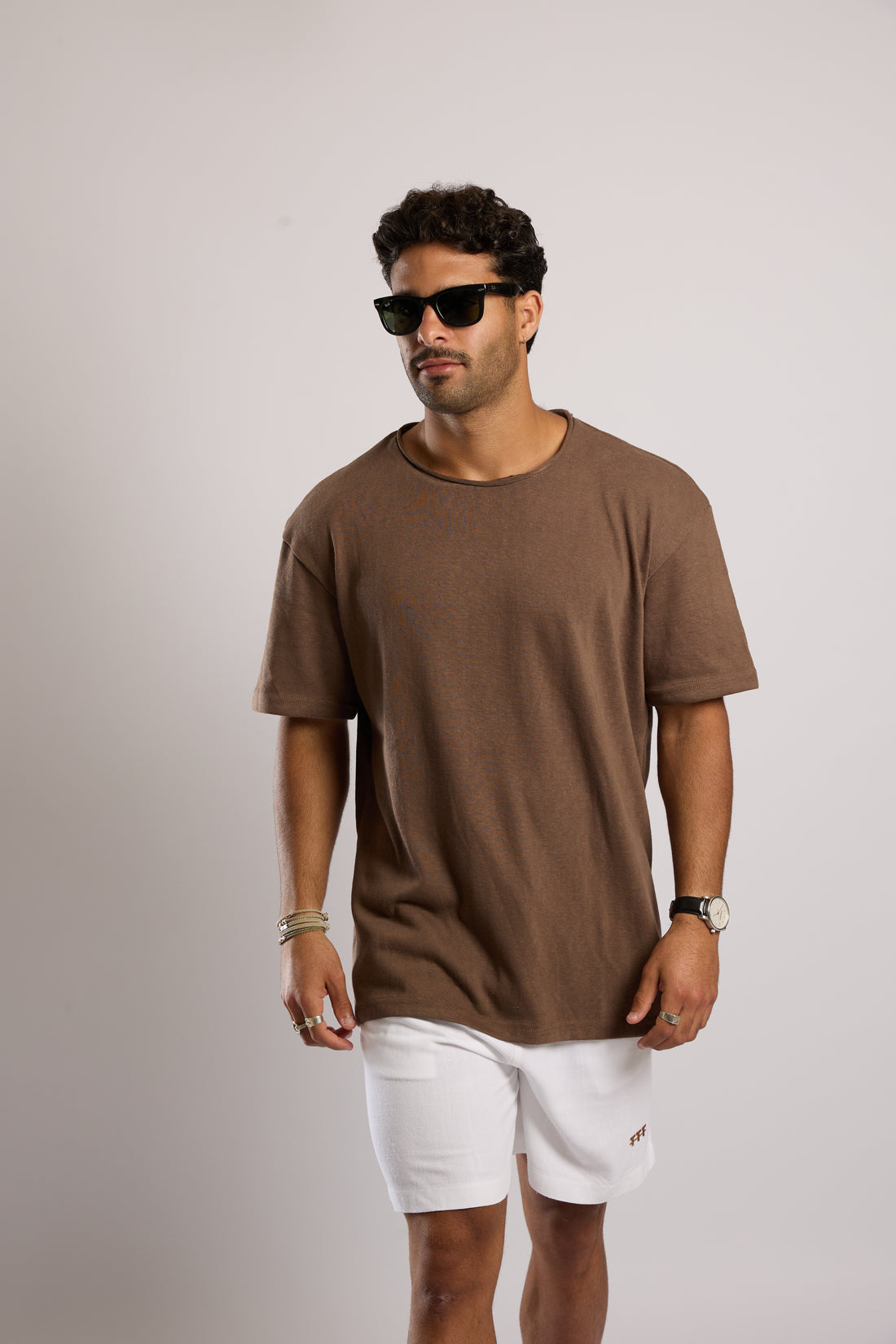 חולצה קצרה פשתן כבדה - חום