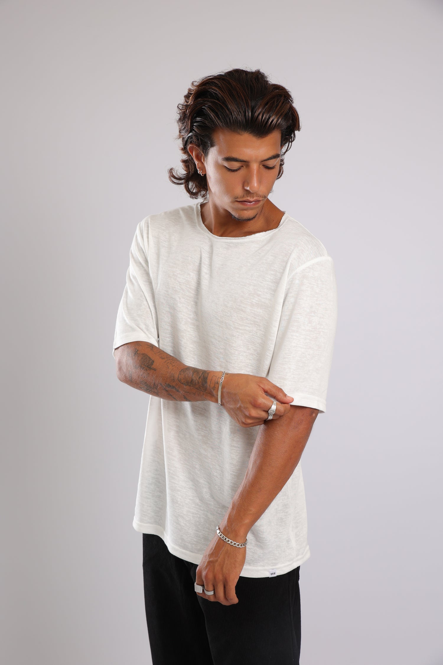 חולצה קצרה פשתן - שמנת בהירה