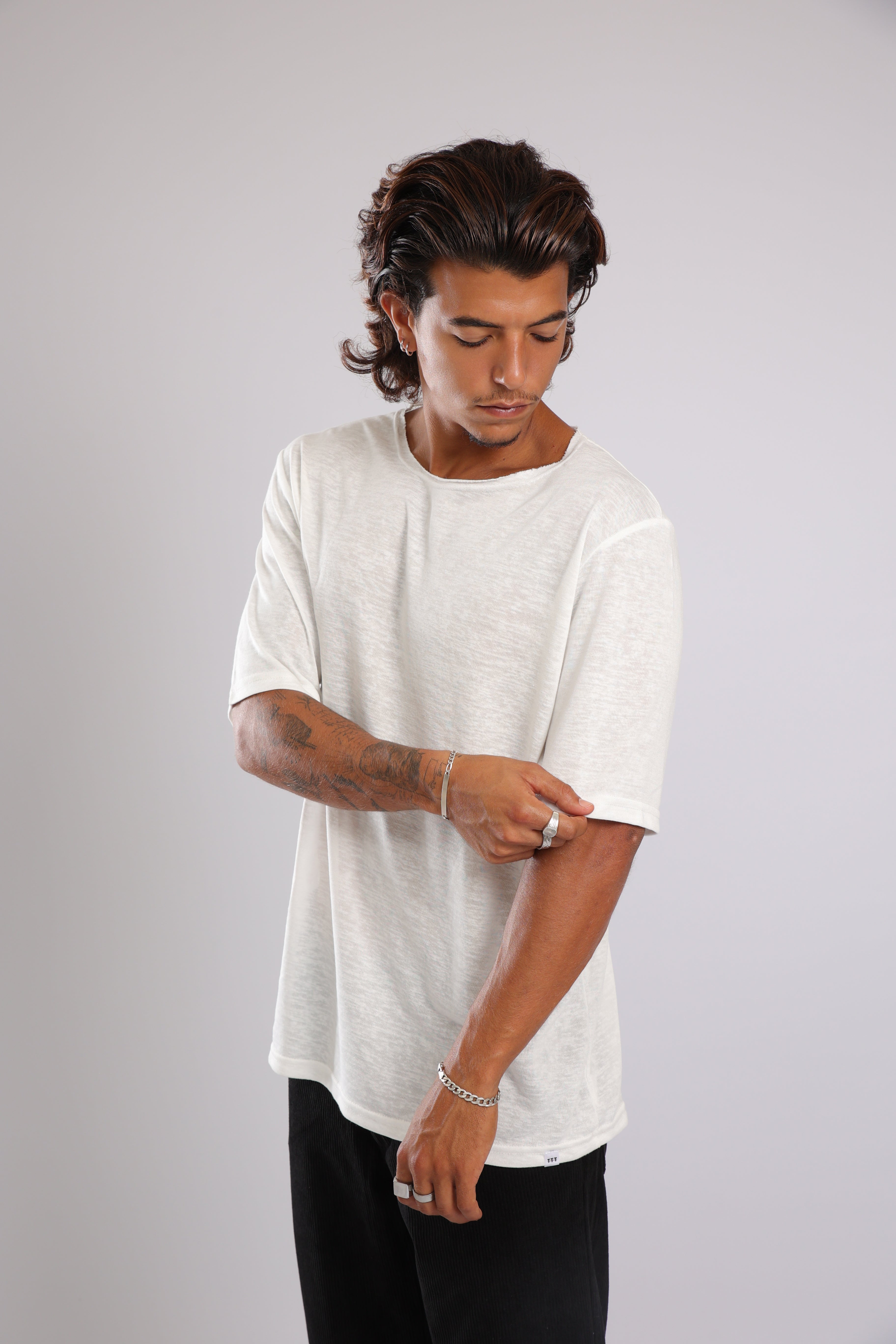 חולצה קצרה פשתן - שמנת בהירה