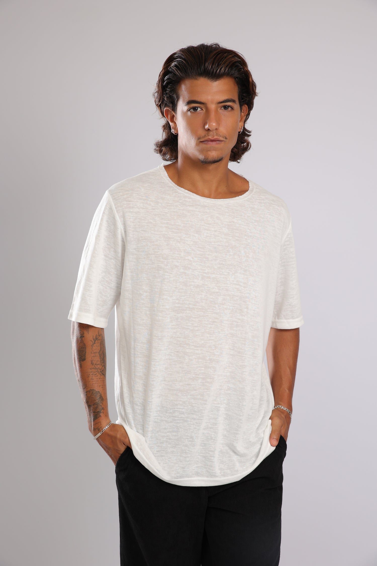 חולצה קצרה פשתן - שמנת בהירה