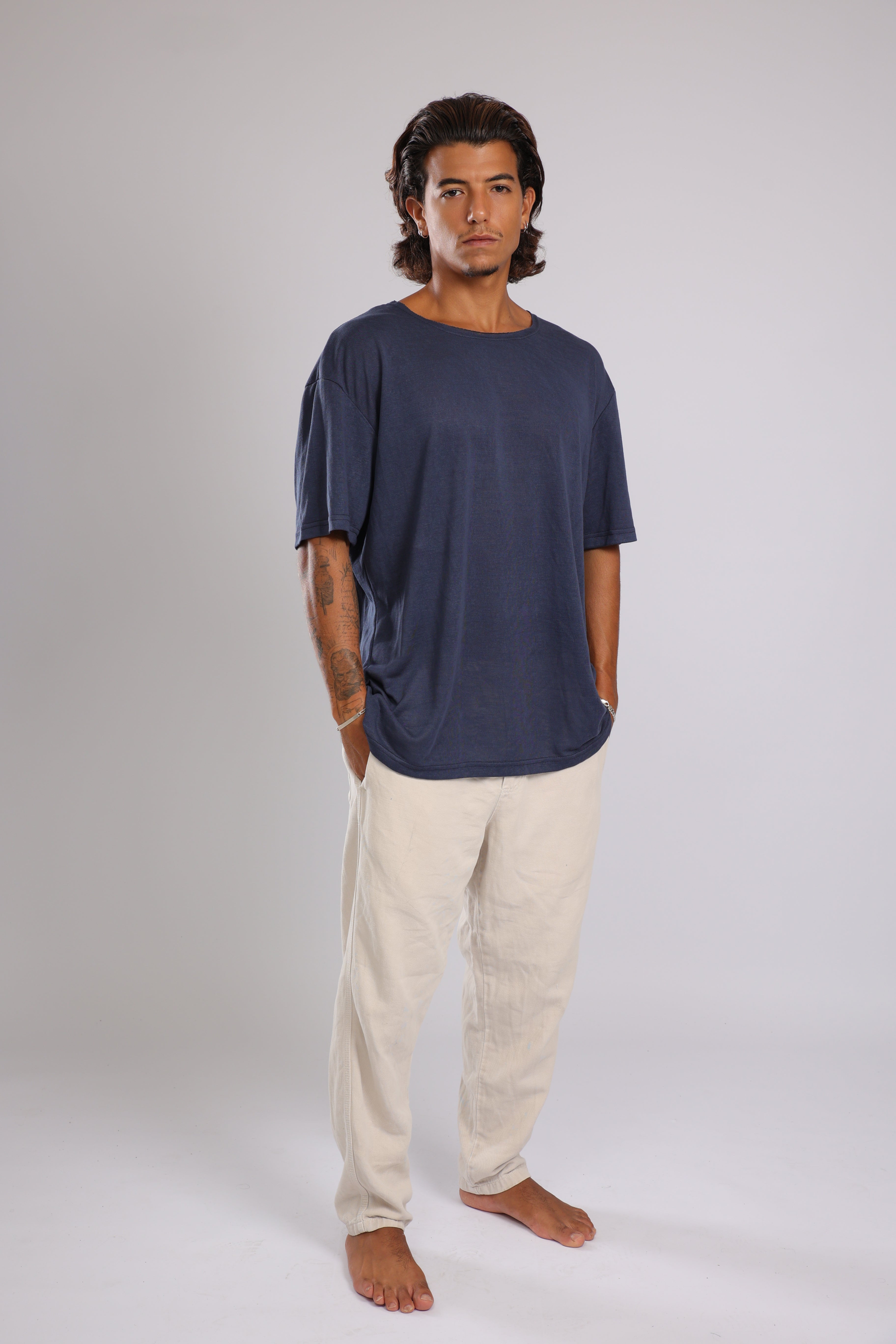 חולצה קצרה לגברים פשתן - כחול כהה