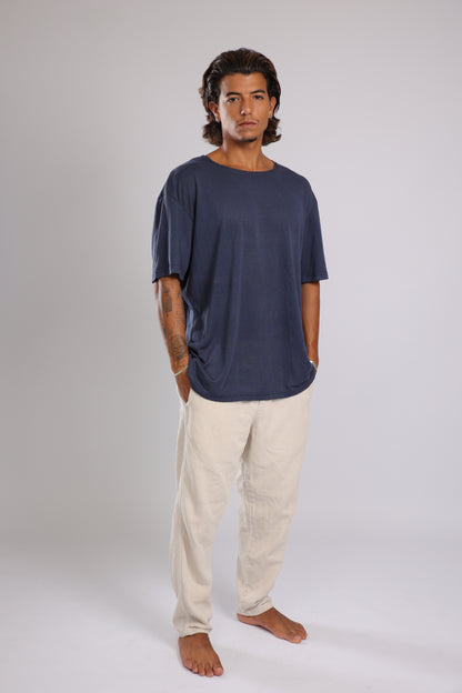 חולצה קצרה לגברים פשתן - כחול כהה