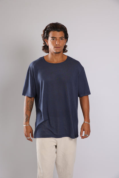 חולצה קצרה לגברים פשתן - כחול כהה