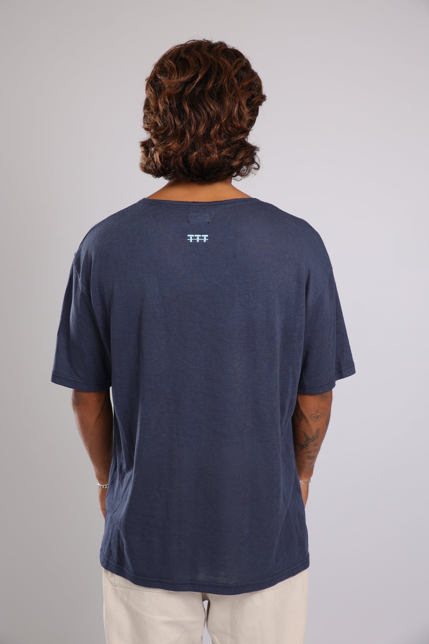 חולצה קצרה לגברים פשתן - כחול כהה