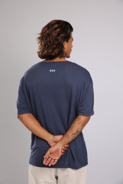 חולצה קצרה לגברים פשתן - כחול כהה