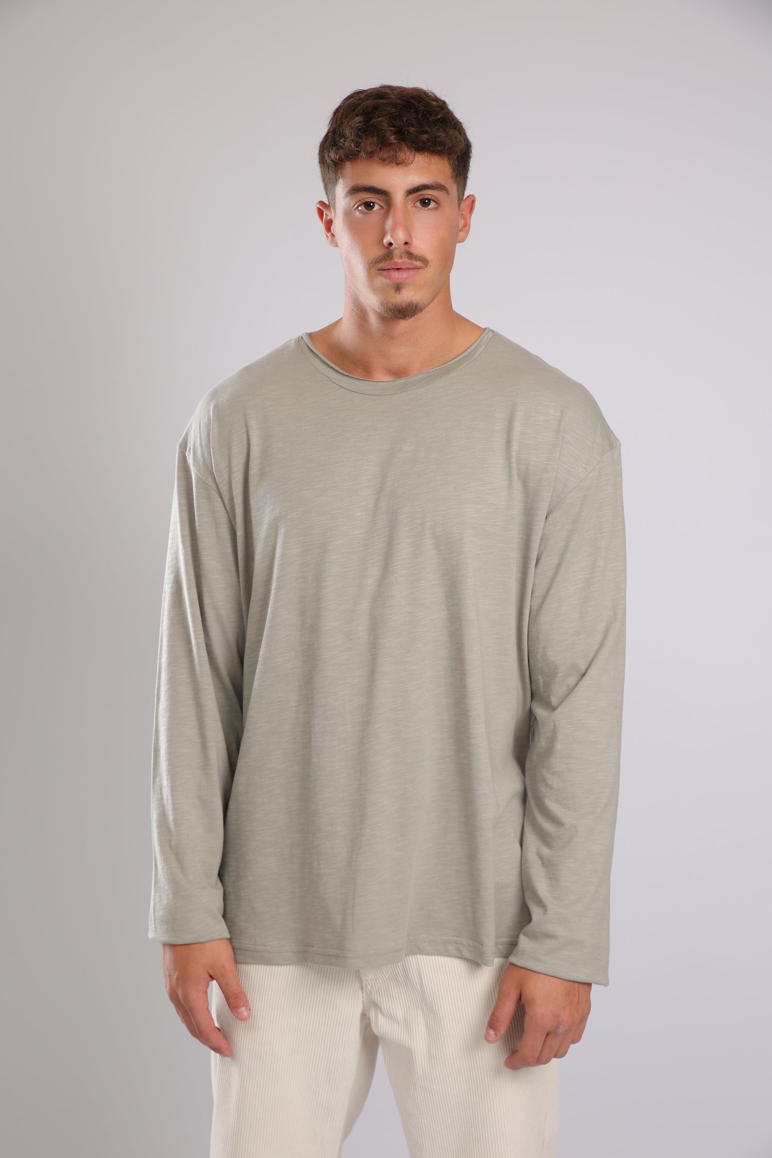 חולצה ארוכה כותנה - אפור זית