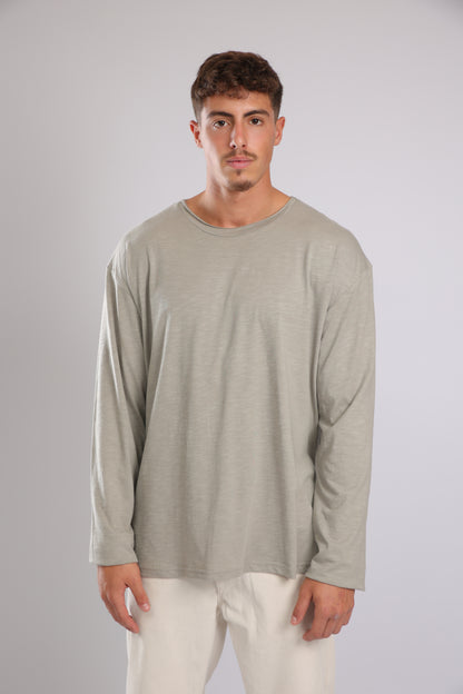 חולצה ארוכה כותנה - אפור זית