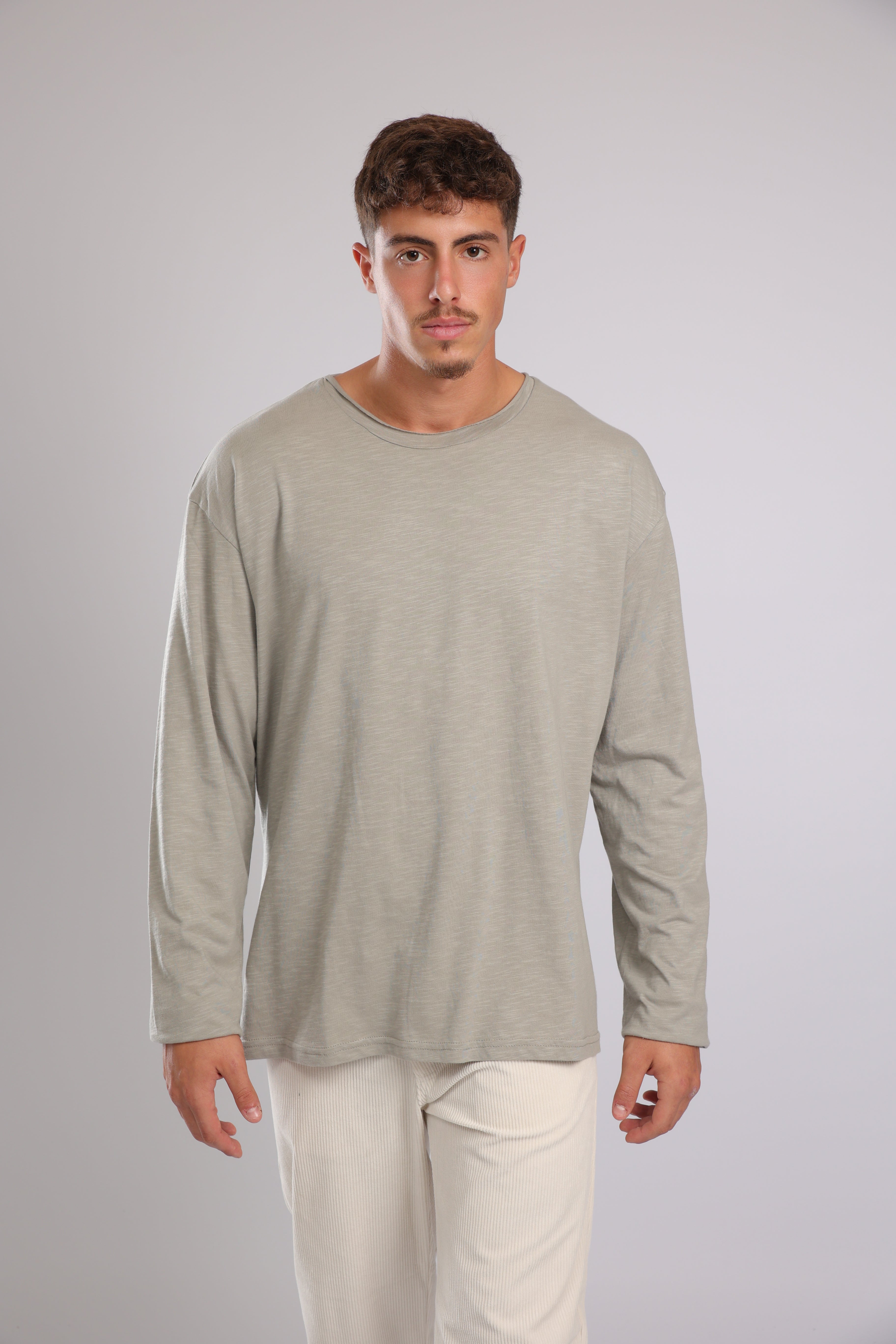 חולצה ארוכה כותנה - אפור זית