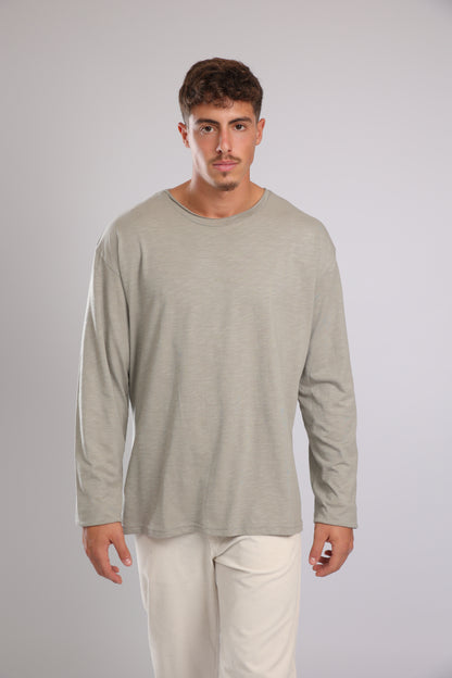 חולצה ארוכה כותנה - אפור זית