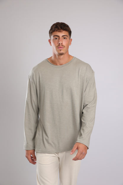 חולצה ארוכה כותנה - אפור זית