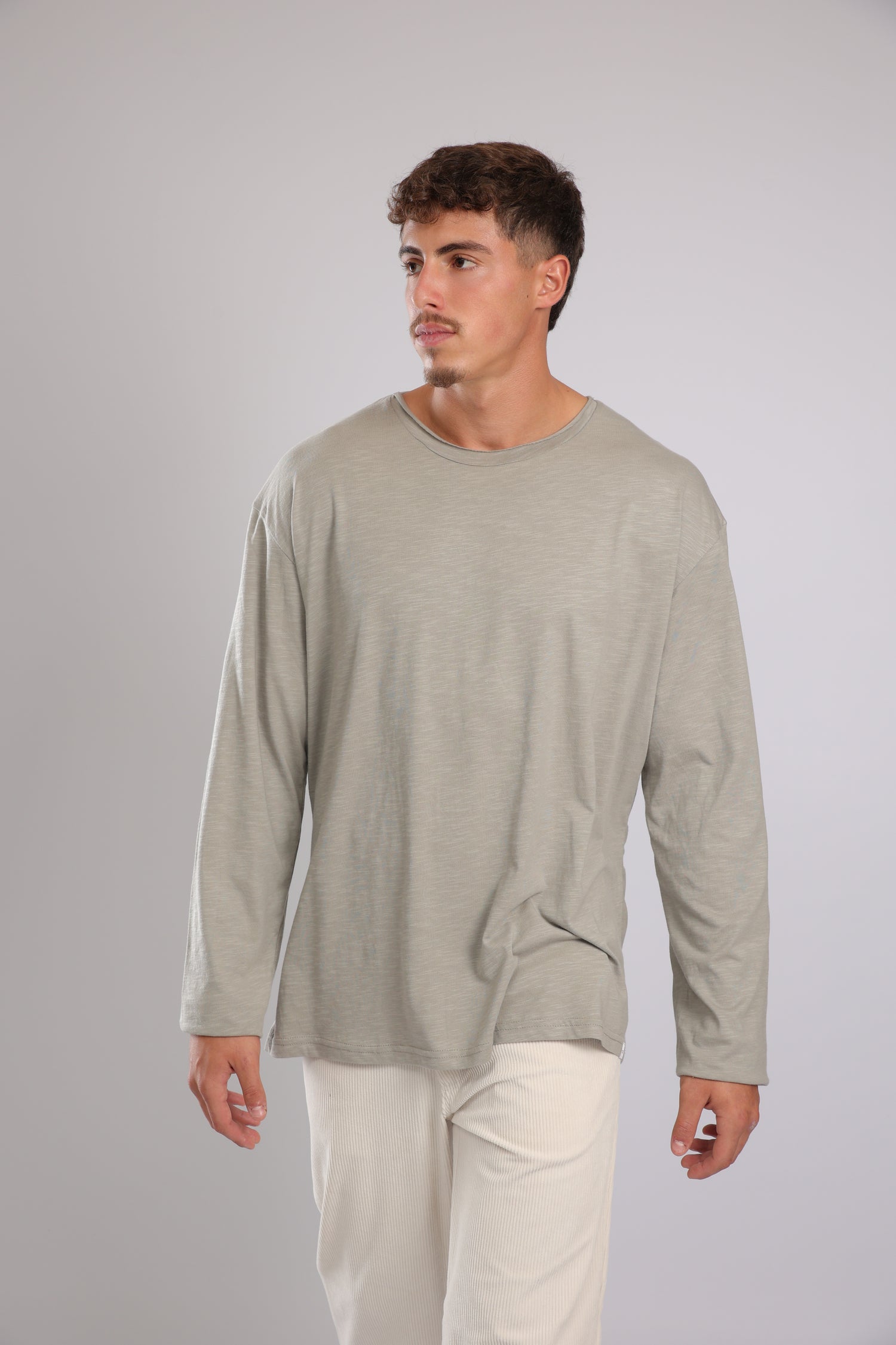 חולצה ארוכה כותנה - אפור זית